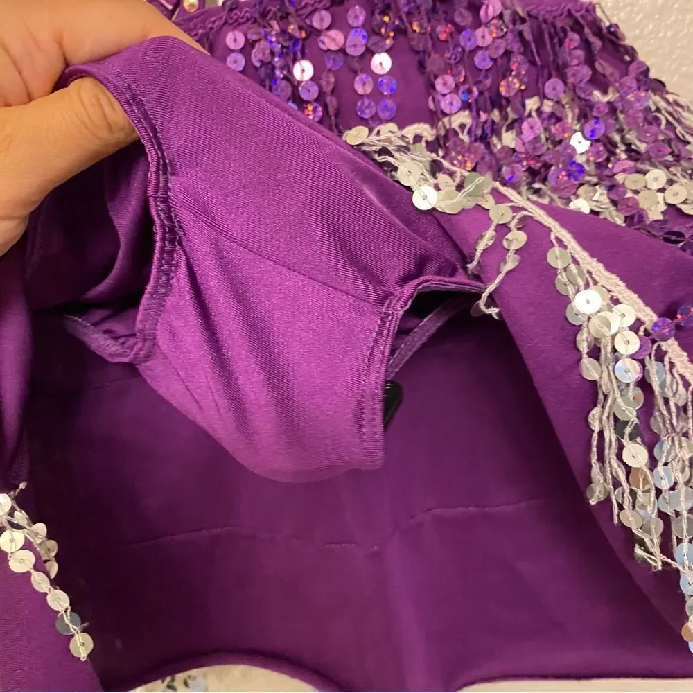 Glamour dance costume purple sequin gems rhinestone fringe embellished child M/L